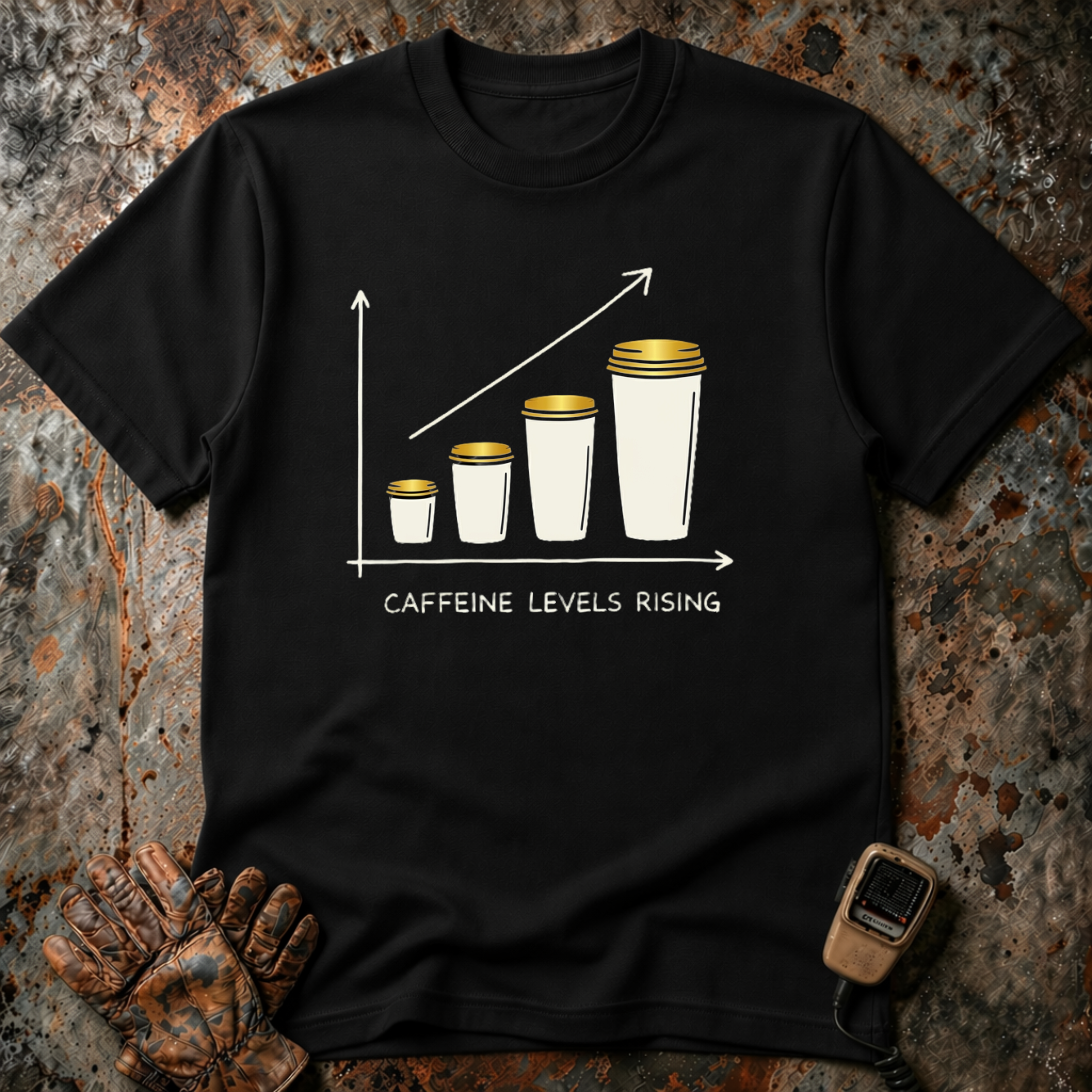 Caffeine Leve Rising | Trucker T-shirt