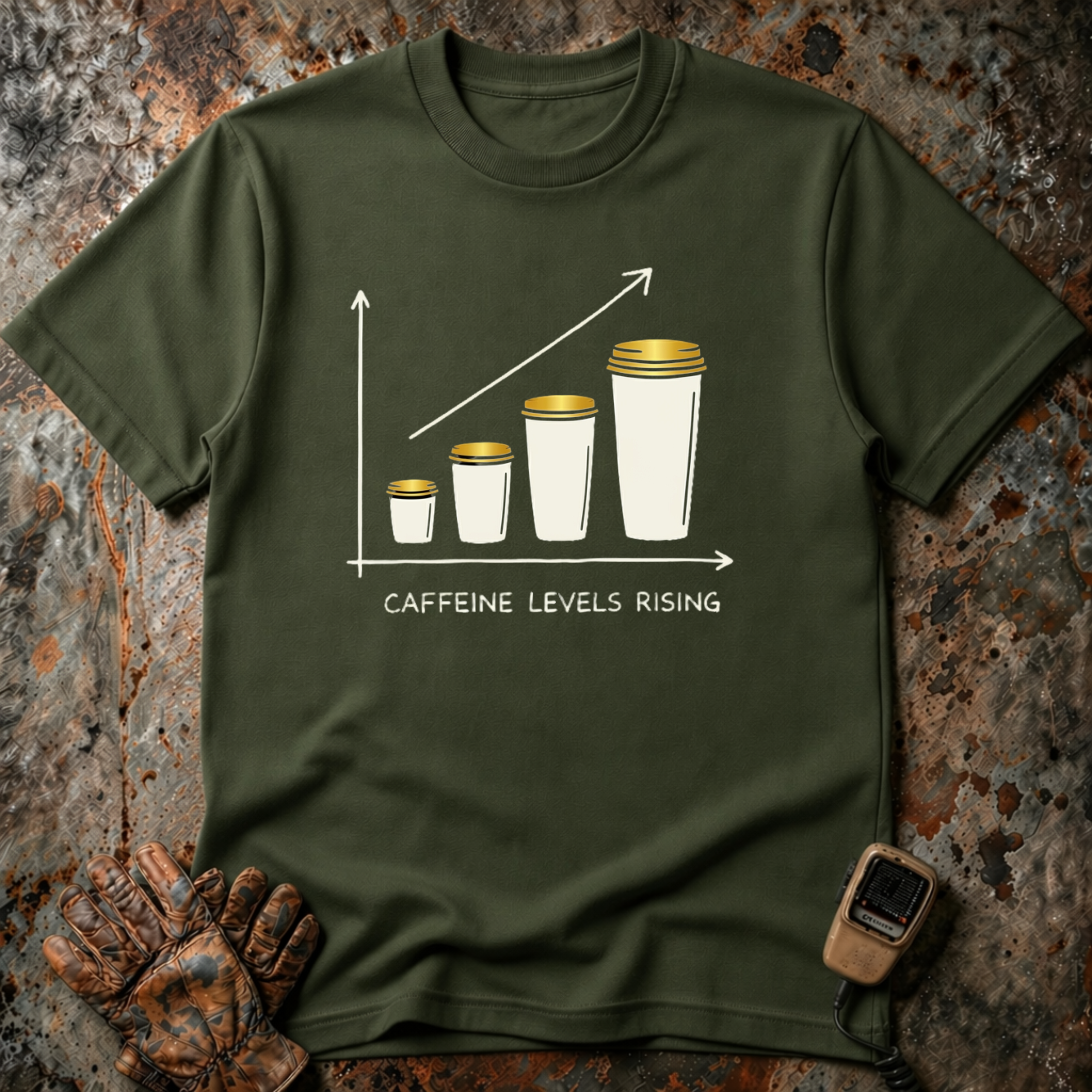 Caffeine Leve Rising | Trucker T-shirt